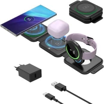 GEEKERA Induktive Ladestation für Samsung, 3 in 1 Faltbare Wireless Charger für Samsung S24/S23/S22/S21/Ultra, Reise Induktionsladegerät für Galaxy Watch, Kabelloses Ladegerät für Galaxy Buds-Schwarz