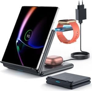 GEEKERA Induktive Ladestation für Samsung, 3 in 1 Faltbares kabelloses Ladegerät für Samsung Z Fold/Flip/S24/S23, Kabelloses Ladegerät für Fitbit Sense/Versa, Induktionsladegerät für Galaxy Buds-Schwarz