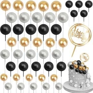 46 Stück Kuchendekorationskugeln, schwarze und goldene Kuchenschaumkugeln, Cupcake-Topper, Happy Birthday-Kuchenaufsatz, DIY-Kuchendekoration Hochzeit für Hochzeit, Jubiläum, Geburtstag, Babyparty