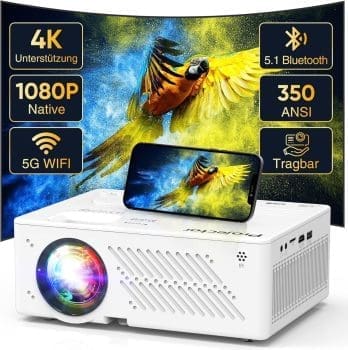 4K unterstützt Beamer, Native 1080P 5G WiFi Bluetooth, 16000L Filmprojektor, 50% Zoom Tragbarer Outdoor mit maximal 300“ Display (A-Native 1080P 4K unterstützt 350ANSI)