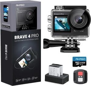 AKASO Brave 4 Pro Action Cam 4K30FPS 20MP mit 64GB U3 Speicherkarte 40M Unterwasserkamera Ultra HD Touchscreen 170° Weitwinkel, EIS Stabilisierung, 5X Zoom, 2.4G Fernbedienung und 2 Akkus 1350mAh