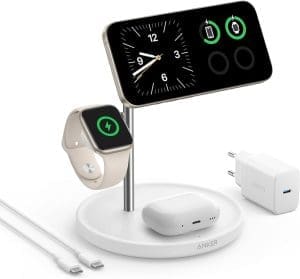 Anker MagGo 3-in-1 Kabellose Ladestation, 15W kabelloser Ladeständer, MagSafe-kompatibel, Qi2-zertifiziert, für iPhone 16/15/14/13 Serie, AirPods Pro, Apple Watch Ultra (Mit USB-C Netzteil und Kabel)