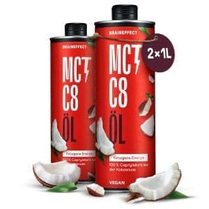 BRAINEFFECT MCT-Öl C8 (2 * 1000ml) - Bildet 300% mehr Ketone als andere MCT-Öle (100% C8) - Ketogene Ernährung - Reiner Extrakt aus Kokosnussöl - Ideal für ketogene Diät & Bulletproof Coffee