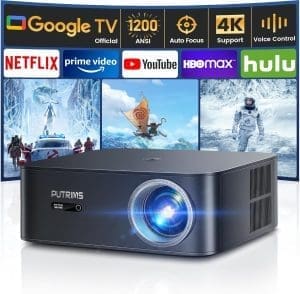 Beamer 4K【1200 ANSI/Google TV】 Netflix Official, Autofokus Trapezkorrektur Smart Beamer WiFi6 Bluetooth, Sprachsteuerung LED Beamer Tageslicht 1080P Full HD 300" für Heimkino/Outdoor Handy Projektor