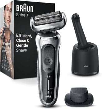 Braun Series 7 Elektrorasierer 360° Flex mit Reinigungsstation, Trimmer & Rasierer Herren Elektrisch, Wet & Dry, Rasierapparat, Trockenrasierer, Made in Germany, 71-S7200cc, silber