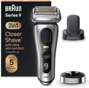 Braun Series 9 Pro+ Herren-Elektrorasierer mit 5 Pro-Rasierelementen, ProComfort-Aufsatz, 2-in-1-System, Ladestation, 60 Minuten Laufzeit, Made in Germany, 9557s, Silber