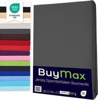 Buymax® Spannbettlaken 140x200cm Baumwolle 100% Spannbetttuch Bettlaken Jersey, Matratzenhöhe bis 25 cm, Farbe Anthrazit ÖKO TEX Standard