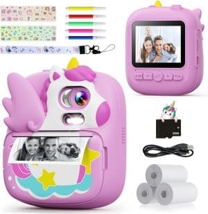 CAMCLID Kinderkamera Sofortbildkamera 2,4 Zoll Sofortbildkamera Kinder mit 32G TF-Karte und Fotopapierdruck, 1080P HD Digitalkamera Kinder, Geschenke für Jungen und Mädchen 3-12 Jahre (Lila)