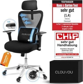 CLOUVOU CleverSeat Bürostuhl Ergonomisch (TESTSIEGER) Schreibtischstuhl 100% individuell einstellbar | Bürostuhl & Gamingstuhl | Computerstuhl Home Office Stuhl Ergonomisch | Drehstuhl 150 kg