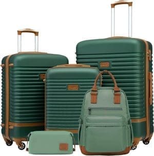 COOLIFE Koffer Trolley Koffer Reisekoffer aus ABS Hartschalen Trolley 4 Rollen TSA-Schloss Der Koffer enthält 1 Reiserucksack und 1 Kulturbeutel (Dunkelgrün/Braun, Koffer-Set 5tlg)