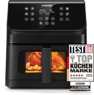 COSORI Heißluftfritteuse Airfryer, 12-in-1 Air Fryer XXL 6,2L, Heißluftfritteuse mit Sichtfenster & Shake-Reminder, 80 Rezepte, 55 Prozent energiesparend, spülmaschinenfeste Körbe