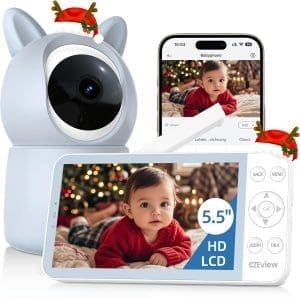 CZEview BM6 Babyphone mit Kamera 2K & 4X Zoom, 5,5" HD WLAN Video Babyfon mit App, Nachtsicht, Bewegungs&Geräusch&Temperaturerkennung, 2-Wege-Gespräch, 360° Ansicht, Musik&Buntes Nachtlicht(Blau)