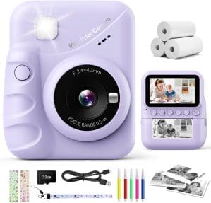 CalineGam Sofortbildkamera Kinder, 3,0-Zoll-Bildschirm, 48 MP Kinderkamera, Sofortbildkamera mit 32 GB Karte, 1080P HD-Kamera, Kinder, Sofortdruck, Geschenk für 3-12 Jungen und Mädchen (Lila)