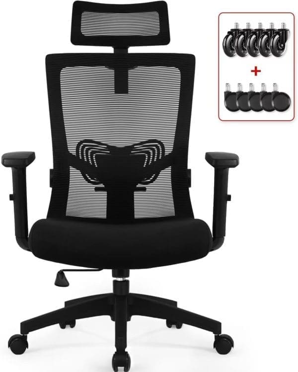 Daccormax Bürostuhl Ergonomisch, Schreibtischstuhl mit verstellbarer Kopfstütze, Armlehnen, Lendenwirbelstütze, Drehstuhl Wippfunktion, Chefsessel aus Mesh,Rückenschonend, Bürostuhl 150kg