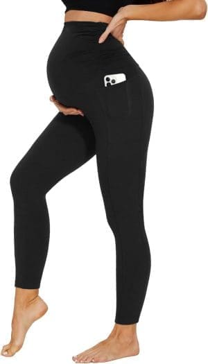 Ddobb Damen Umstandsleggings mit Taschen, hohe Taille, Umstandshose, blickdichte Schwangerschaftsleggings, weiche elastische Umstandsmode, Zuhause, Yoga, Sport