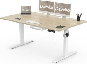 Devoko Höhenverstellbarer Schreibtisch 160x80cm mit USB-A Ladeanschluss, Mobiler elektrischer Computertisch mit Kabel Management Tray und 3-Funktions-Memory, Eiche