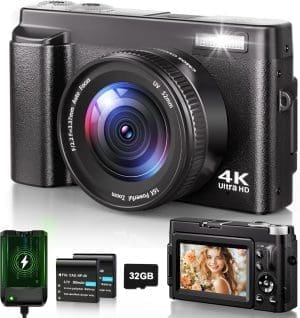 Digitalkamera 4K, 48MP 16X Autofokus Digitalzoom Fotokamera, 3 Zoll 180° Flip LCD Screen HD Kompakte Vlog Kamera mit Ladestation, 2 * 800 mAh Akkus, 32GB Karte für Anfänger, Kinder