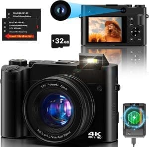 Digitalkamera Fotokamera 4K Dual Kamera 64 MP Anti-Shake Vlogging Fotokamera mit 32GB Speicherkarte, 16X Digitalzoom, 2 Akkus& Ladegerät, und Einsteiger Kompaktkamera für Jugendliche