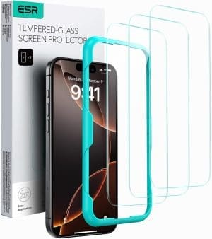 ESR für iPhone 16 Pro Max für gehärtetes Glas, Displayschutzfolie, 3 Stück, gehärtete Glasfolie mit einfachem Installationswerkzeug, 9H-Härte, bruchsicher in Militärqualität, vollständige Abdeckung, HD-klar, kratzfest