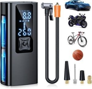 Elektrische Luftpumpe Fahrrad Akku Kompressor - 150 PSI Mini Tragbare Fahrradpumpe Luftkompressor Für Auto,Motorrad,Fahrrad,Bälle,über USB-C wiederaufladbar, Als Taschenlampe und Powerbank