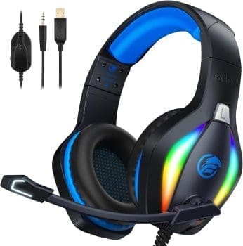 Fachixy 「2024 New」 FC100 Gaming Headset für PS4/PS5/PC/Xbox/Nintendo Switch, PS4 Kopfhörer mit Kabel und RGB Licht, Stereo Surround Kopfhörer mit Mikrofon, Noise Cancelling Headphones - BLAU