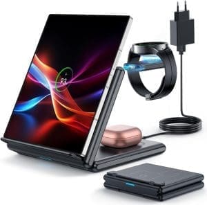 GEEKERA Induktive Ladestation Samsung, 3 in 1 Faltbare Wireless Charger für Samsung Z Fold/Flip/S24/S23/Ultra, Kabelloses Ladegerät für Galaxy Watch Ultra, Induktionsladegerät für Galaxy Buds-Schwarz