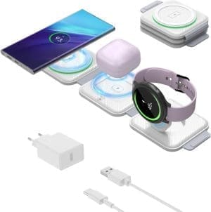 GEEKERA Induktive Ladestation für Samsung, 3 in 1 Faltbare Wireless Charger für Samsung S24/S23/S22/S21/Ultra, Reise Induktionsladegerät für Galaxy Watch, Kabelloses Ladegerät für Galaxy Buds-Weiß