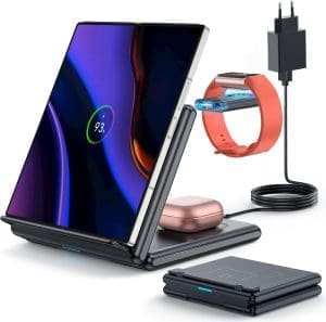 GEEKERA Induktive Ladestation für Samsung, 3 in 1 Faltbares kabelloses Ladegerät für Samsung Z Fold/Flip/S24, Kabelloses Ladegerät für Fitbit Charge 6/5/Luxe, Induktionsladegerät für Galaxy Buds-Schwarz