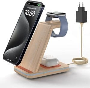 GEEKERA Wireless Charger, 3 in 1 Induktive Ladestation für iPhone 16/15/14/13/12/11/Pro Max, Ladestation für Apple Watch Ultra/10/9/8/7/6/5/4/3/2/SE, Kabelloses Ladegerät für AirPods Pro/4/3/2-Bambus