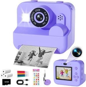 GKTZ Sofortbildkamera für Kinder – Geburtstagsgeschenk für Mädchen im Alter von 4 5 6 7 8 9 10 Jahren, Spielzeug mit 3 Rollen Fotopapier 1080P-Kamera, Kinderkamera mit Druckpapier – Lila