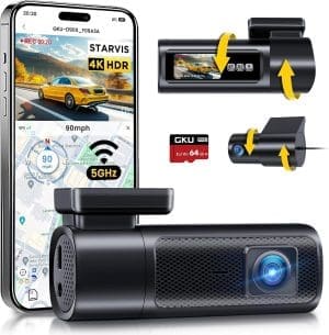 GKU 4K+2.5K Dashcam Auto Vorne Hinten mit 5GHz WiFi, Dash Cam mit 64G SD-Karte, STARVIS Nachtsicht, 1,5" IPS-Bildschirm, GPS Auto Kamera, 24H Parküberwachung, 360° Drehbar. Max 512GB