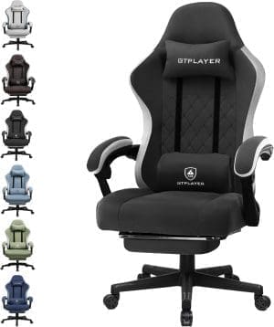 GTPLAYER Gaming Stuhl Ergonomischer Gaming Sessel Schreibtischstuhl mit Stoffoberfläche, Federsitzkissen, Verbindungsarmlehnen und Fußstütze schwarz