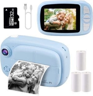 GlobalCrown Sofortbildkamera Kinder,Digitalkamera kinderkamera fotoapparat Kamera Geschenke für 3-12 Jahre Jungen Mädchen (einschließlich 4 Rollen Druckpapier und 32GB Karte)