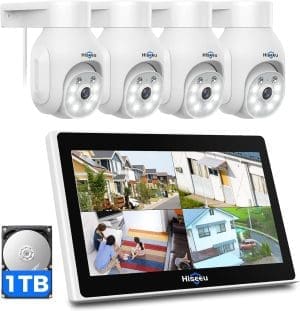 Hiseeu Surveillance Camera Set, Outdoor WLAN with 10 Inch Monitor, 10CH Wireless NVR, 4 Pieces, 5MP PTZ WiFi Cameras with 2-Way Audio, Colour Night Vision, Remote Display, App and Mail Alarm, 1TB HDD