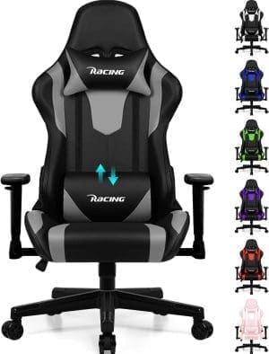 Homimaster Gaming Stuhl, Bürostuhl Ergonomisch mit verstellbaren Lendenkissen, Kopfkissen und Armlehnen,Gaming Chair Gepolstert,Gamer Stuhl Wippfunktion,Gaming Stuhl 150 kg Belastbarkeit