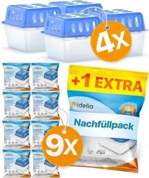 Idelia® 4x Luftentfeuchter + 9 Nachfüllpacks - Raumentfeuchter Luftentfeuchter für Küche, Bad & Wohnzimmer bis 40m² + 9x 400g Luftentfeuchter Granulat (4x Luftentfeuchter + 9x Nachfüllpacks)