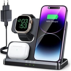 JARGOU 3 in 1 Kabelloses Ladegerät, Induktive Ladestation für Apple Watch und iPhone, Wireless Charger für iPhone 16 15 14 13 12 11 Pro Max, für Apple Watch 10/9/Ultra/8/7/6/SE/5/4/3 /AirPods Pro 4 3 2