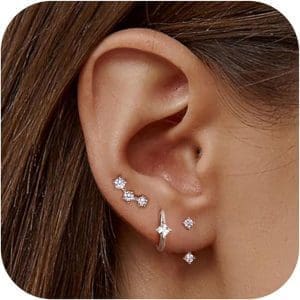 JeweBella 3 Paar Ohrringe Silber 925 Set für Damen 14 Karat Vergoldet Kleine Ohrstecker Silber 925 Set Stapelbar Zirkonia Ohrstecker Creolen Ohrringe Set für Mehrere Piercings