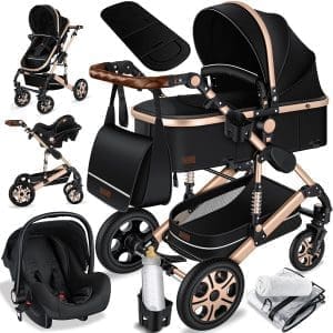 KESSER® Loops 3 in 1 Kinderwagen Kombikinderwagen Komplett-Set inkl. Babywanne & Buggy Sportsitz & Auto-Babyschale Voll-Gummireifen Wickeltasche Regenschutz Kindertisch ECE R129, Schwarz/Champagne