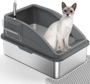 Katzenklo Edelstahl XXL, Katzentoilette Edelstahl 28L Katzenklo Groß mit Katzenstreuschaufel und Doppelschicht Matte, Auslaufsichere XXL Katzentoilette