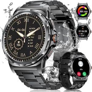 LIGE Military Smartwatch Herren, 1,43 Zoll HD AMOLED Smartwatch mit Telefonfunktion, Fitness-Tracker, schwarze Fitnessuhr mit 120+ Sportmodi, Herz-/Schlaf-Tracking, IP68 wasserdichte Sportuhr für