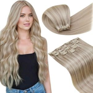 LaaVoo Clip In Echthaar Extensions 30 cm Clip In Remy Haarverlängerung Echthaar Aschblond Highlight Bleached Blonde Extensions Echthaar Clip Glatt 70g 5 Stück #18/613