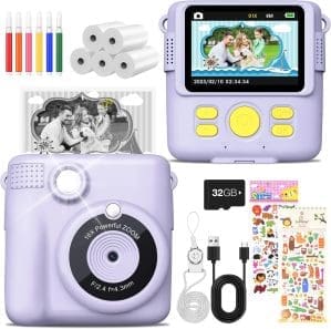 MILFECH Kinderkamera Sofortbildkamera, 1080P 2,4 Zoll Bildschirm DigitalKamera Kinder mit 5 Rollen Druckpapier,32GB Karte, Fotokamera mit 6 farbigen Stiften,2 Aufkleber Geschenk für Kinder (Lila)