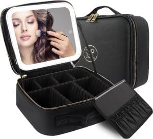 MOMIRA Reise-Make-up-Tasche Kosmetiktasche mit beleuchtetem Spiegel, einstellbarer Helligkeit in 3 Farbszenarien, wasserdichte Makeup-Trainingsbox, Geschenk für Frauen - Schwarz