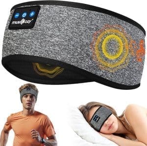 MUSICOZY Schlafkopfhörer Bluetooth 5.4, Schlaf Kopfhörer Stirnband Sport-Kopfhörer Stirnband Kopfhörer Schlafen Band mit Spielzeit 14+STD/HiFi Stereo Musik Grau (Himmelgrau, L)