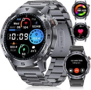 Militär-Smartwatch für Herren mit Telefonfunktion, 1,43 Zoll AMOLED-Touchscreen, 460 mAh Sportuhr, 120+ Sportmodi, Aktivitätstracker mit Herzfrequenz/SpO2/Schlafmonitor/Schrittzähler, 5ATM wasserdicht,