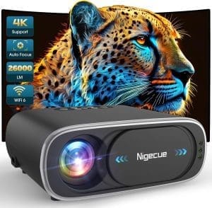 Nigecue Beamer 4K, Autofokus/Elektronische Trapezkorrektur 26000L WiFi6 Bluetooth 1080P Full HD Projektor, Video Beamer Heimkino mit 50%-100% Zoom, max. 300-Zoll-Display, kompatibel mit handlichen Laptops