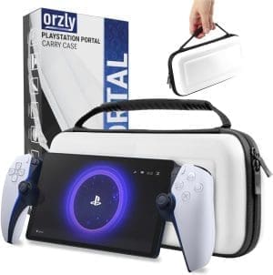 Orzly Tragetasche für Playstation Portal Remote-Player für PS5 Konsole, Reise- und Aufbewahrungsschutz für Headset-Ladegerät und mehr Hülle , Weiß/Schwarz – Geschenkbox Edition