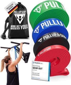 PULLUP & DIP Fitnessbänder, Widerstandsbänder mit Tasche, Türanker (mit Sets) und Übungsanleitung, einzeln & im Vorteilsset, Pull-Up Band Fitnessband für Calisthenics