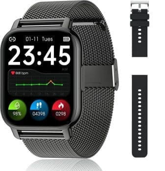 Popglory Smartwatch für Damen Herren, 1,85 Zoll Touch-Farbdisplay mit Bluetooth Anrufe,Fitnessuhr mit SpO2 Blutdruckmessung Herzfrequenz Schrittzähler Schlafmonitor, Musikwiedergabe